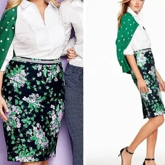Talbots Size Floral Black Cotton Lined Floral Print Straight Purple Green Pencil - Picture 1 of 7